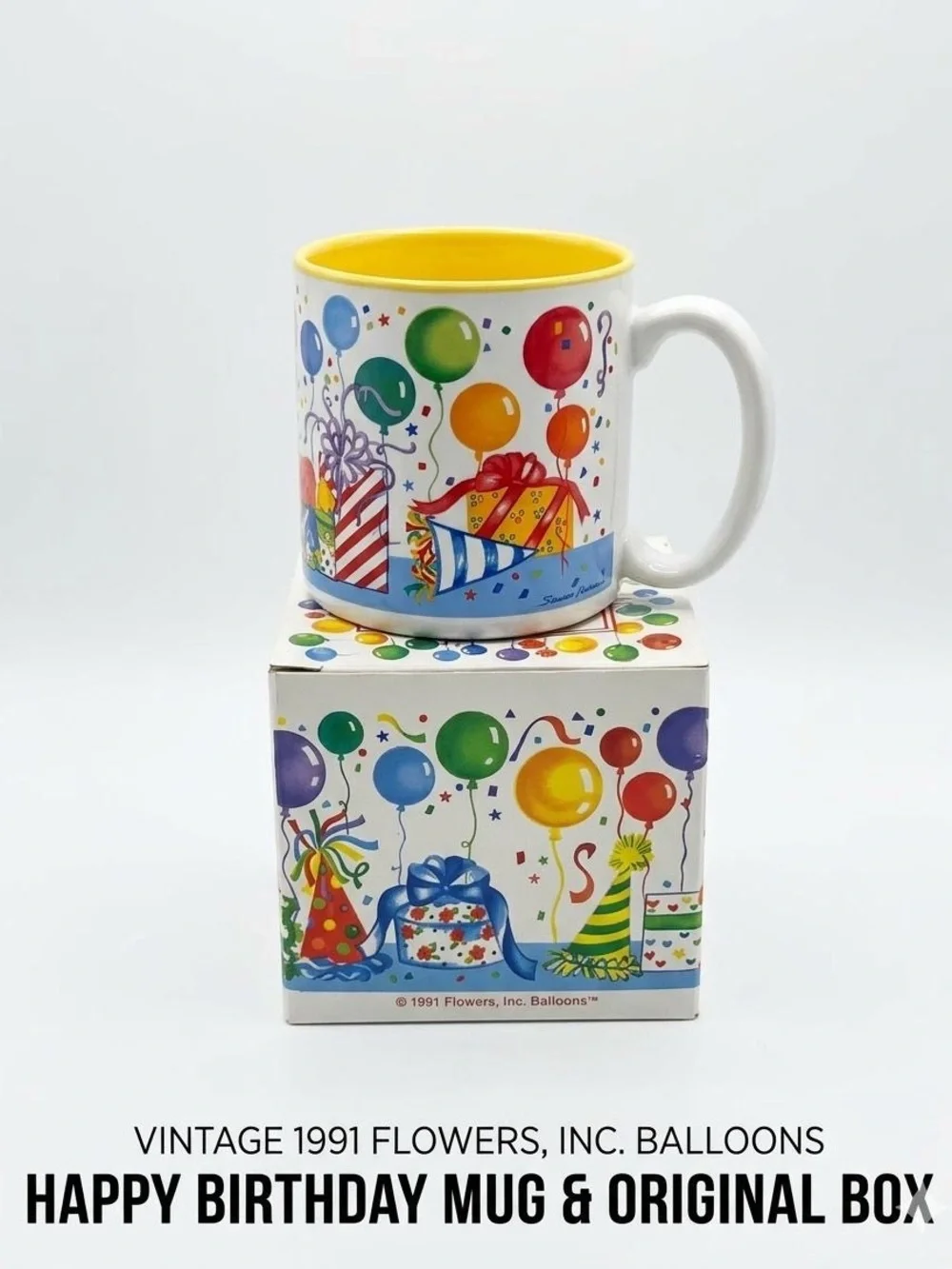 Vintage 1991 Flowers Inc Balloons Happy Birthday Coffee Mug With Original Box